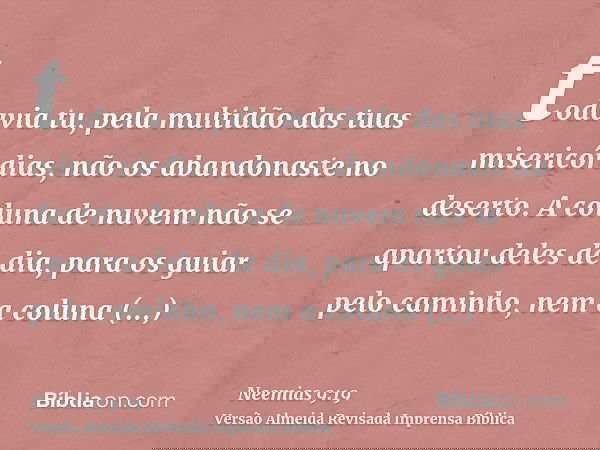 todavia tu, pela multidão das tuas misericórdias, não os abandonaste no deserto. A coluna de nuvem não se apartou deles de dia, para os guiar pelo caminho, nem 