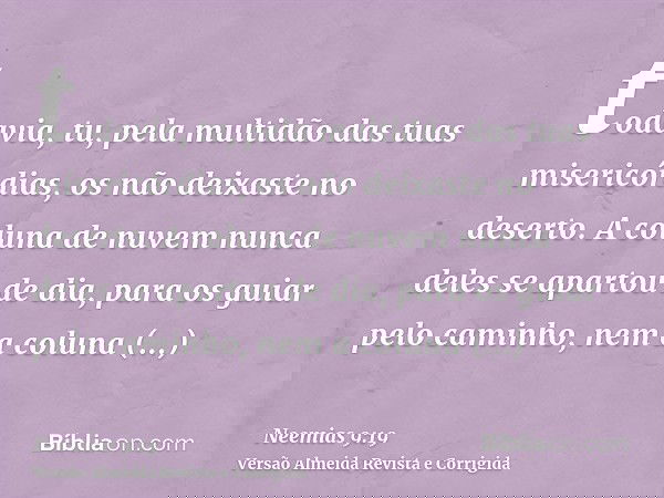 todavia, tu, pela multidão das tuas misericórdias, os não deixaste no deserto. A coluna de nuvem nunca deles se apartou de dia, para os guiar pelo caminho, nem 
