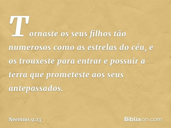 Tornaste os seus filhos tão numerosos como as estrelas do céu, e os trouxeste para entrar e possuir a terra que prometeste aos seus antepassados. -- Neemias 9:2