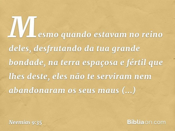 Mesmo quando estavam no reino deles, desfrutando da tua grande bondade, na terra espaçosa e fértil que lhes deste, eles não te serviram nem abandonaram os seus 