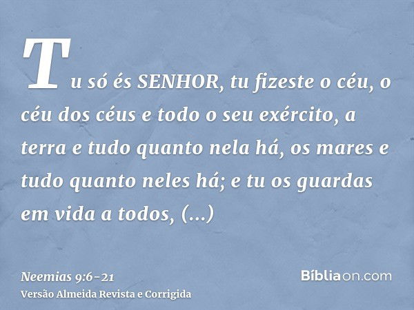 Tu só és SENHOR, tu fizeste o céu, o céu dos céus e todo o seu exército, a terra e tudo quanto nela há, os mares e tudo quanto neles há; e tu os guardas em vida