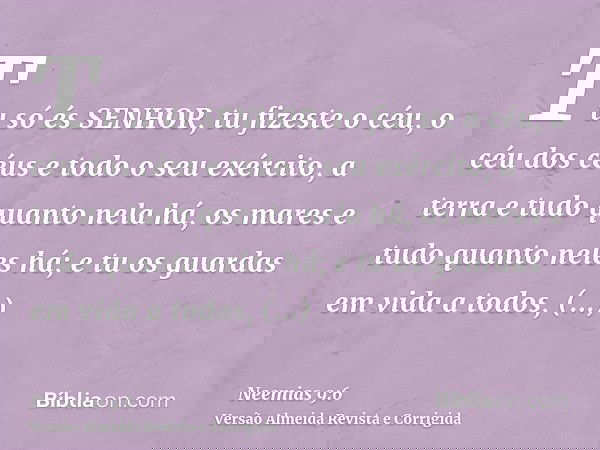 Tu só és SENHOR, tu fizeste o céu, o céu dos céus e todo o seu exército, a terra e tudo quanto nela há, os mares e tudo quanto neles há; e tu os guardas em vida