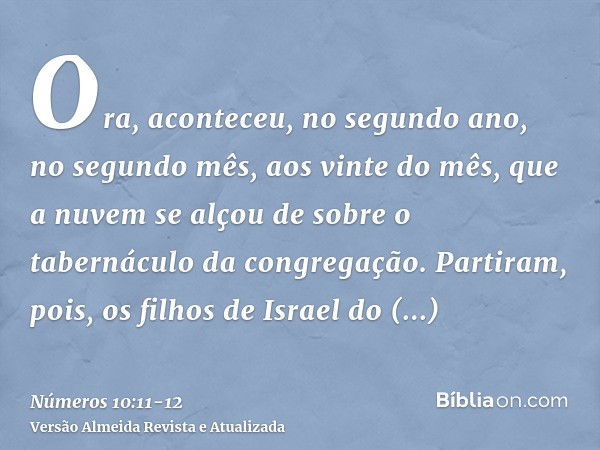 Ora, aconteceu, no segundo ano, no segundo mês, aos vinte do mês, que a nuvem se alçou de sobre o tabernáculo da congregação.Partiram, pois, os filhos de Israel