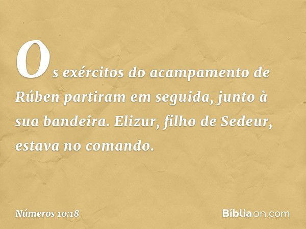 Os exércitos do acampamento de Rúben partiram em seguida, junto à sua bandeira. Elizur, filho de Sedeur, estava no comando. -- Números 10:18