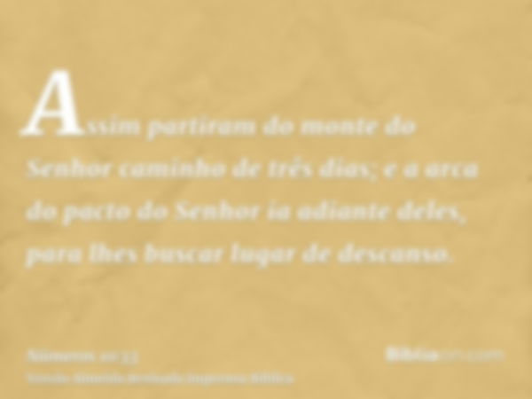 Assim partiram do monte do Senhor caminho de três dias; e a arca do pacto do Senhor ia adiante deles, para lhes buscar lugar de descanso.