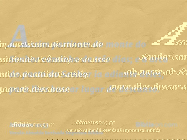 Assim partiram do monte do Senhor caminho de três dias; e a arca do pacto do Senhor ia adiante deles, para lhes buscar lugar de descanso.