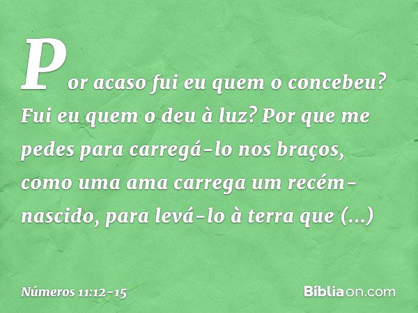 Por acaso fui eu quem o concebeu? Fui eu quem o deu à luz? Por que me pedes para carregá-lo nos braços, como uma ama carrega um recém-nascido, para levá-lo à te