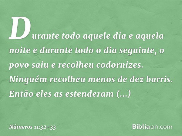 Durante todo aquele dia e aquela noite e durante todo o dia seguinte, o povo saiu e recolheu codornizes. Ninguém recolheu menos de dez barris. Então eles as est