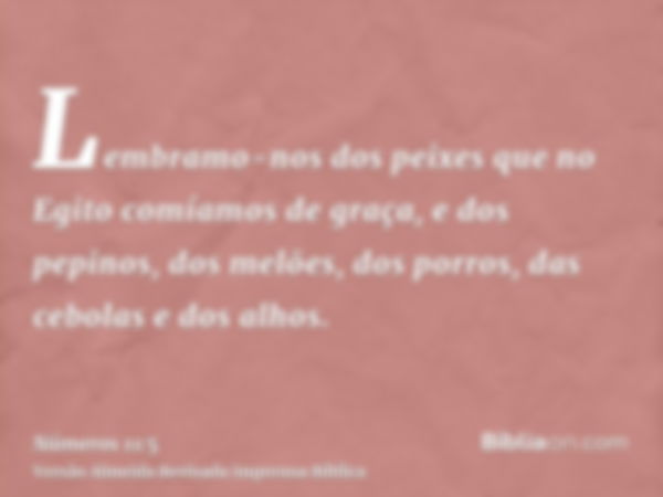 Lembramo-nos dos peixes que no Egito comíamos de graça, e dos pepinos, dos melões, dos porros, das cebolas e dos alhos.