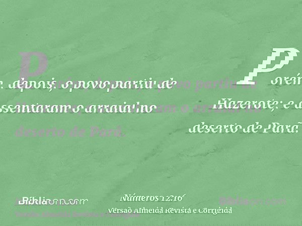 Porém, depois, o povo partiu de Hazerote; e assentaram o arraial no deserto de Parã.