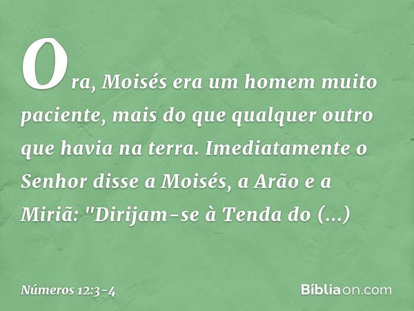 Ora, Moisés era um homem muito paciente, mais do que qualquer outro que havia na terra. Imediatamente o Senhor disse a Moisés, a Arão e a Miriã: "Dirijam-se à T