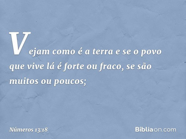 Vejam como é a terra e se o povo que vive lá é forte ou fraco, se são muitos ou poucos; -- Números 13:18