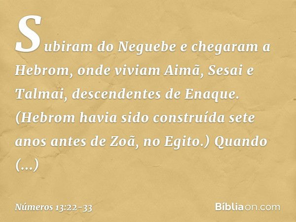 Subiram do Neguebe e chegaram a Hebrom, onde viviam Aimã, Sesai e Talmai, descendentes de Enaque. (Hebrom havia sido construída sete anos antes de Zoã, no Egito