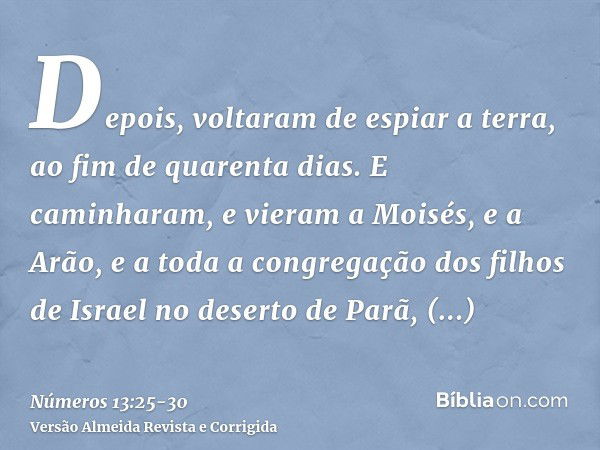 Depois, voltaram de espiar a terra, ao fim de quarenta dias.E caminharam, e vieram a Moisés, e a Arão, e a toda a congregação dos filhos de Israel no deserto de