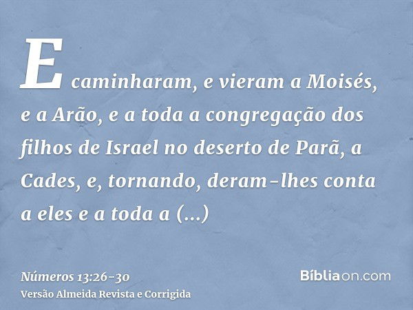 E caminharam, e vieram a Moisés, e a Arão, e a toda a congregação dos filhos de Israel no deserto de Parã, a Cades, e, tornando, deram-lhes conta a eles e a tod