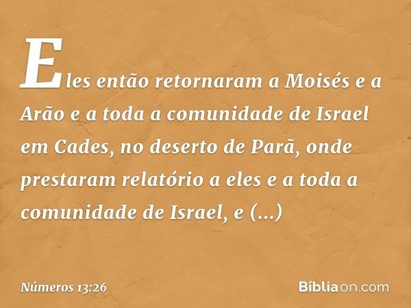 Eles então retornaram a Moisés e a Arão e a toda a comunidade de Israel em Cades, no deserto de Parã, onde prestaram relatório a eles e a toda a comunidade de I