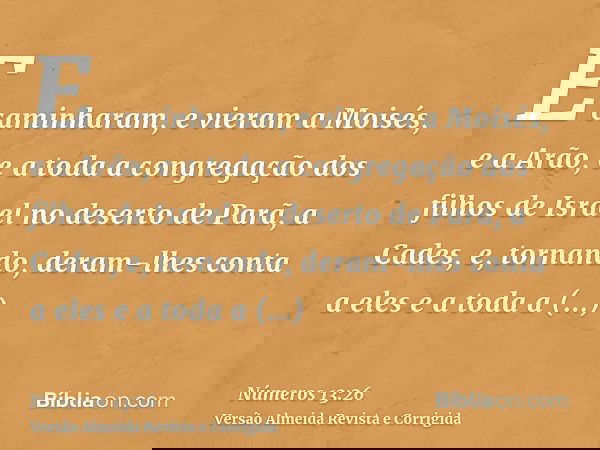 E caminharam, e vieram a Moisés, e a Arão, e a toda a congregação dos filhos de Israel no deserto de Parã, a Cades, e, tornando, deram-lhes conta a eles e a tod
