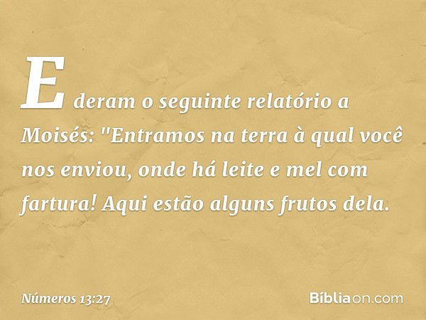 E deram o seguinte relatório a Moisés: "Entramos na terra à qual você nos enviou, onde há leite e mel com fartura! Aqui estão alguns frutos dela. -- Números 13: