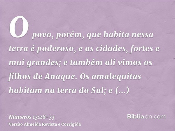 O povo, porém, que habita nessa terra é poderoso, e as cidades, fortes e mui grandes; e também ali vimos os filhos de Anaque.Os amalequitas habitam na terra do 