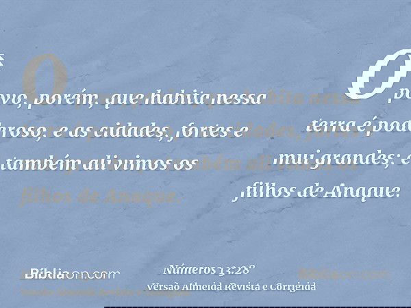 O povo, porém, que habita nessa terra é poderoso, e as cidades, fortes e mui grandes; e também ali vimos os filhos de Anaque.