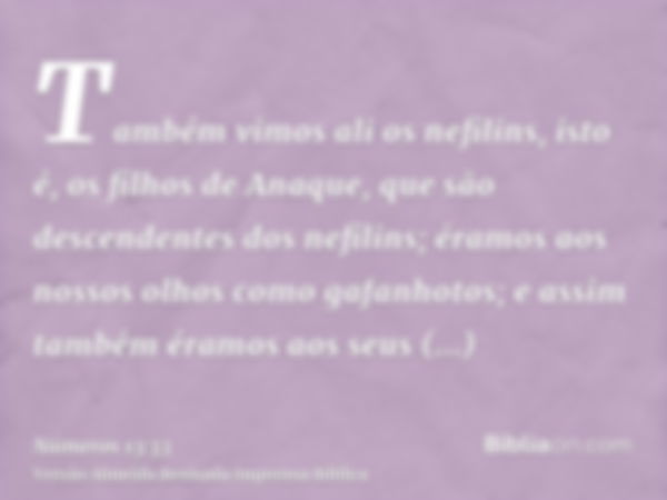 Também vimos ali os nefilins, isto é, os filhos de Anaque, que são descendentes dos nefilins; éramos aos nossos olhos como gafanhotos; e assim também éramos aos