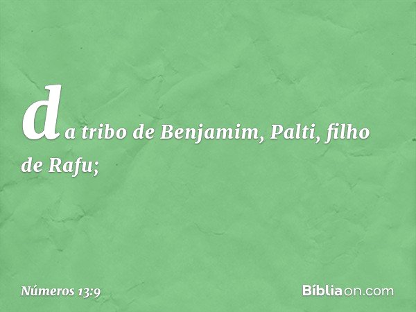 da tribo de Benjamim, Palti,
filho de Rafu; -- Números 13:9