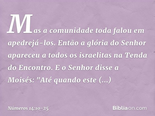 Mas a comunidade toda falou em apedrejá-los. Então a glória do Senhor apareceu a todos os israelitas na Tenda do Encontro. E o Senhor disse a Moisés: "Até quand