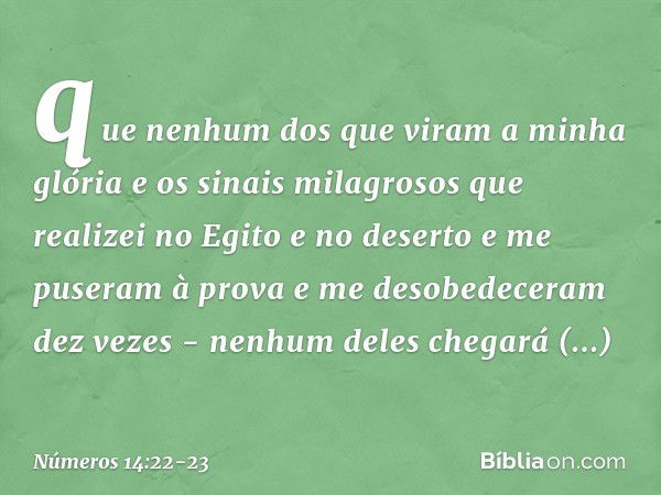 que nenhum dos que viram a minha glória e os sinais milagrosos que realizei no Egito e no deserto e me puseram à prova e me desobedeceram dez vezes - nenhum del