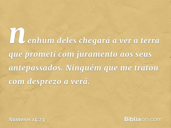 nenhum deles chegará a ver a terra que prometi com juramento aos seus antepassados. Ninguém que me tratou com desprezo a verá. -- Números 14:23