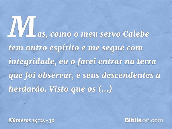 Mas, como o meu servo Calebe tem outro espírito e me segue com integridade, eu o farei entrar na terra que foi observar, e seus descendentes a herdarão. Visto q