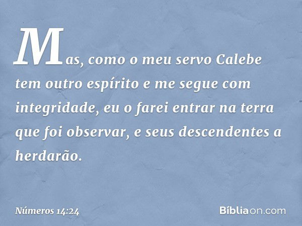 Mas, como o meu servo Calebe tem outro espírito e me segue com integridade, eu o farei entrar na terra que foi observar, e seus descendentes a herdarão. -- Núme