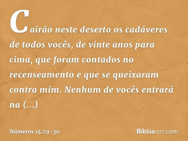 Cairão neste deserto os cadáveres de todos vocês, de vinte anos para cima, que foram contados no recenseamento e que se queixaram contra mim. Nenhum de vocês en