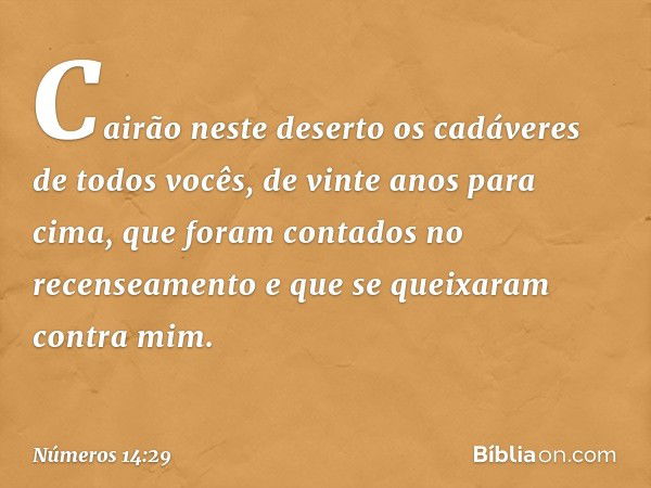 Cairão neste deserto os cadáveres de todos vocês, de vinte anos para cima, que foram contados no recenseamento e que se queixaram contra mim. -- Números 14:29