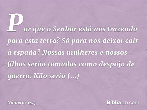 Por que o Senhor está nos trazendo para esta terra? Só para nos deixar cair à espada? Nossas mulheres e nossos filhos serão tomados como despojo de guerra. Não 