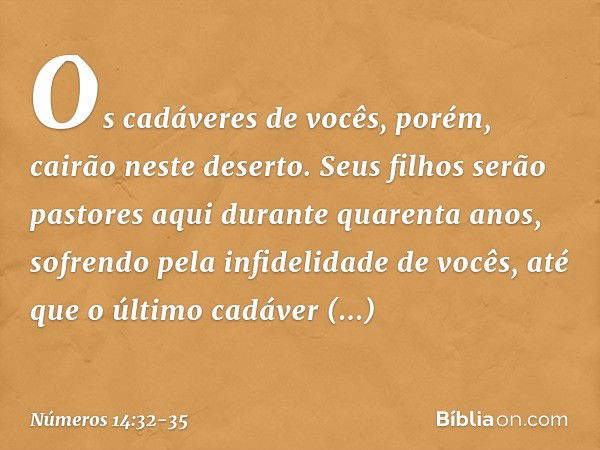 Os cadáveres de vocês, porém, cairão neste deserto. Seus filhos serão pastores aqui durante quarenta anos, sofrendo pela infidelidade de vocês, até que o último