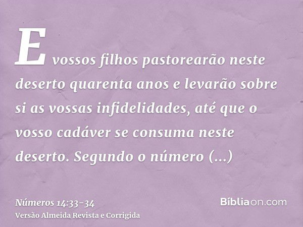 E vossos filhos pastorearão neste deserto quarenta anos e levarão sobre si as vossas infidelidades, até que o vosso cadáver se consuma neste deserto.Segundo o n