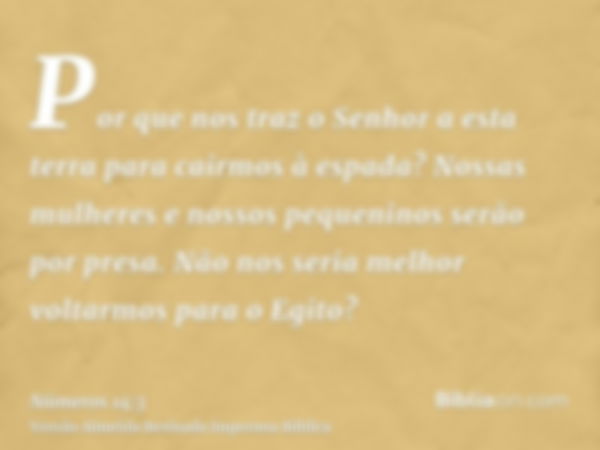 Por que nos traz o Senhor a esta terra para cairmos à espada? Nossas mulheres e nossos pequeninos serão por presa. Não nos seria melhor voltarmos para o Egito?