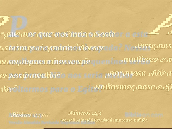 Por que nos traz o Senhor a esta terra para cairmos à espada? Nossas mulheres e nossos pequeninos serão por presa. Não nos seria melhor voltarmos para o Egito?