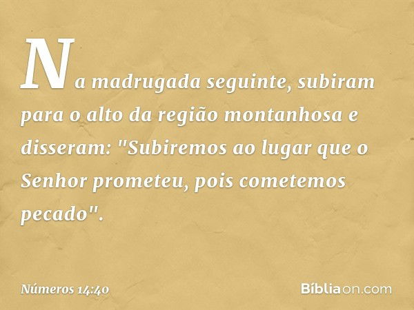 Na madrugada seguinte, subiram para o alto da região montanhosa e disseram: "Subiremos ao lugar que o Senhor prometeu, pois cometemos pecado". -- Números 14:40