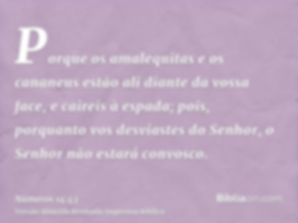 Porque os amalequitas e os cananeus estão ali diante da vossa face, e caireis à espada; pois, porquanto vos desviastes do Senhor, o Senhor não estará convosco.