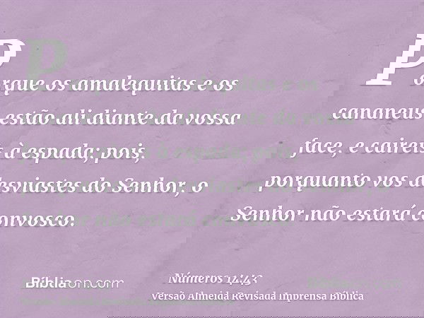 Porque os amalequitas e os cananeus estão ali diante da vossa face, e caireis à espada; pois, porquanto vos desviastes do Senhor, o Senhor não estará convosco.
