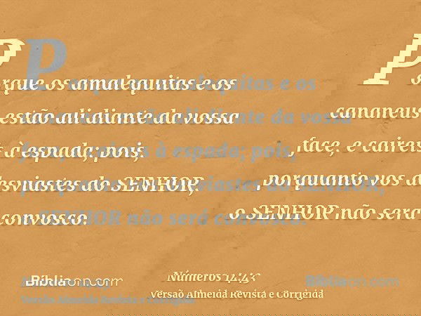 Porque os amalequitas e os cananeus estão ali diante da vossa face, e caireis à espada; pois, porquanto vos desviastes do SENHOR, o SENHOR não será convosco.