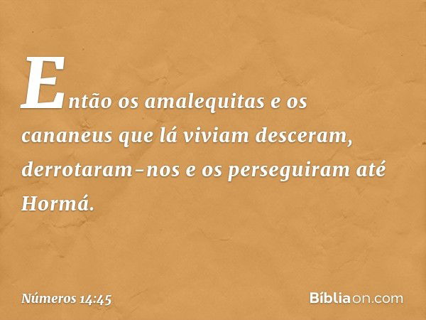 Então os amalequitas e os cananeus que lá viviam desceram, derrotaram-nos e os perseguiram até Hormá. -- Números 14:45