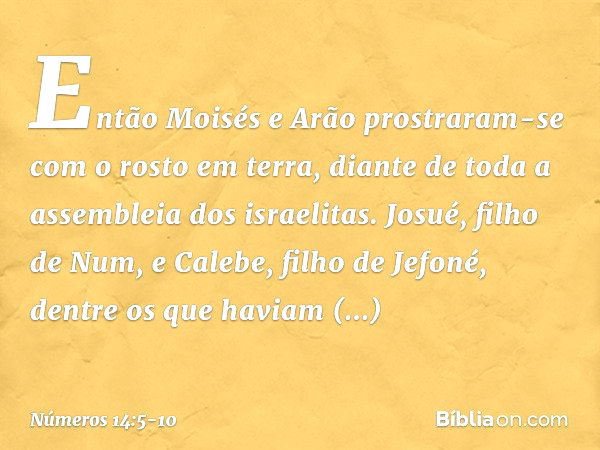 Então Moisés e Arão prostraram-se com o rosto em terra, diante de toda a assembleia dos israelitas. Josué, filho de Num, e Calebe, filho de Jefoné, dentre os qu