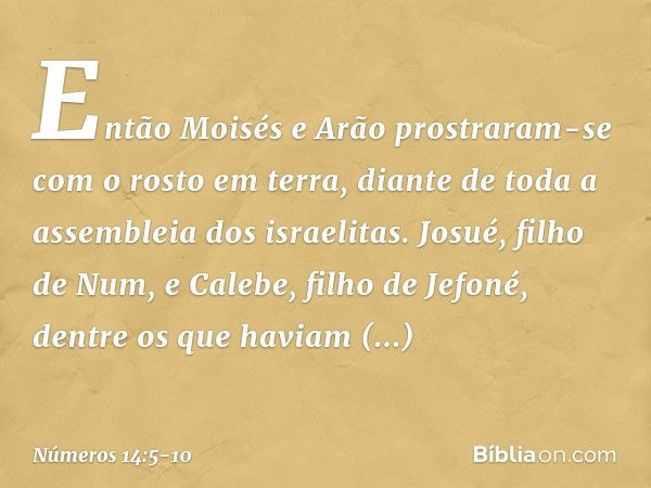 Então Moisés e Arão prostraram-se com o rosto em terra, diante de toda a assembleia dos israelitas. Josué, filho de Num, e Calebe, filho de Jefoné, dentre os qu