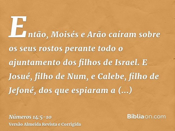 Então, Moisés e Arão caíram sobre os seus rostos perante todo o ajuntamento dos filhos de Israel.E Josué, filho de Num, e Calebe, filho de Jefoné, dos que espia