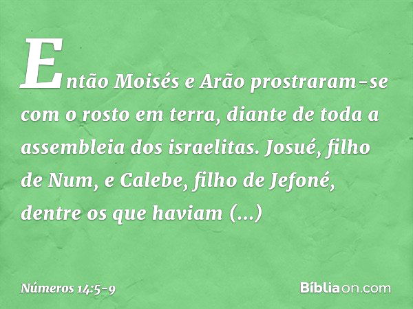 Então Moisés e Arão prostraram-se com o rosto em terra, diante de toda a assembleia dos israelitas. Josué, filho de Num, e Calebe, filho de Jefoné, dentre os qu