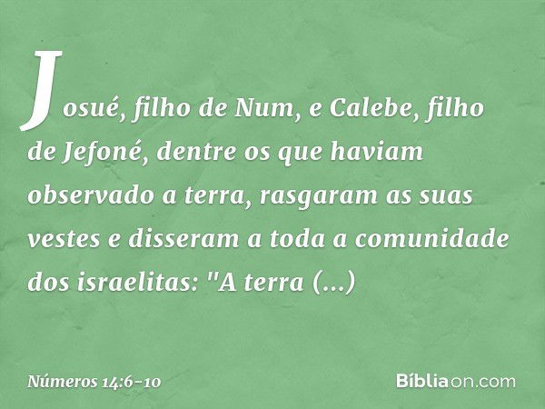 Josué, filho de Num, e Calebe, filho de Jefoné, dentre os que haviam observado a terra, rasgaram as suas vestes e disseram a toda a comunidade dos israelitas: "