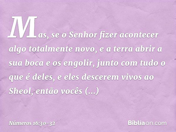 Mas, se o Senhor fizer acontecer algo totalmente novo, e a terra abrir a sua boca e os engolir, junto com tudo o que é deles, e eles descerem vivos ao Sheol, en