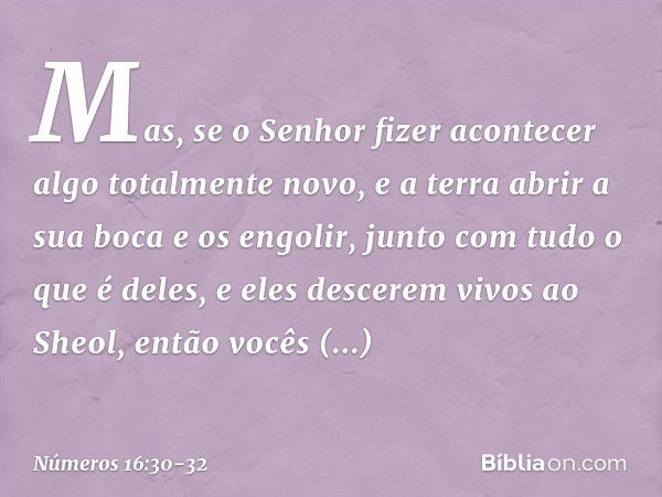 Mas, se o Senhor fizer acontecer algo totalmente novo, e a terra abrir a sua boca e os engolir, junto com tudo o que é deles, e eles descerem vivos ao Sheol, en